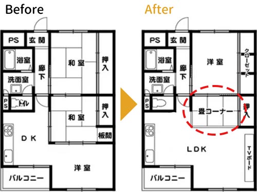 間取り変更リフォームの例（間取り図）