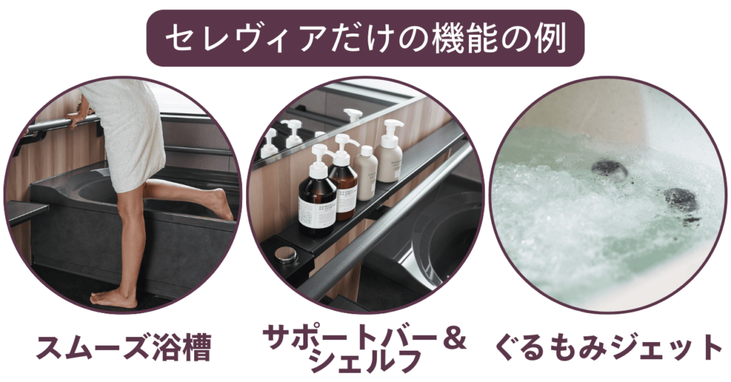 セレヴィアだけの機能の例
スムーズ浴槽・サポートバー&シェルフ・ぐるもみジェット