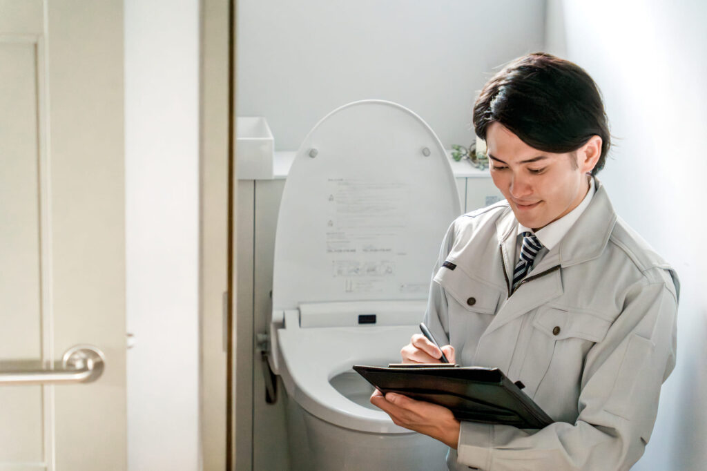 トイレ交換の見積もりを行っていリフォーム会社の男性